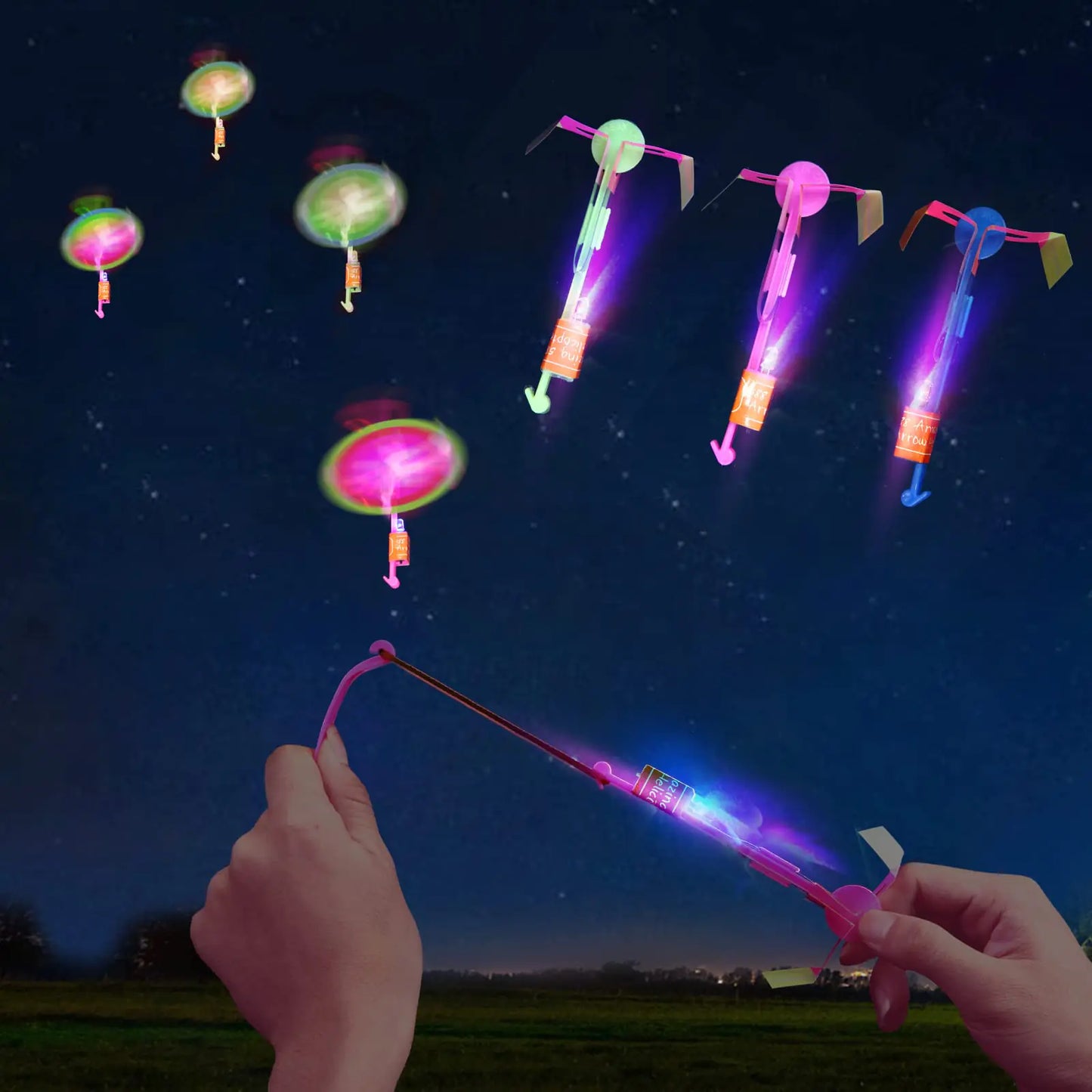 lpvoqpth 25 Sets LED Flying Set 25 Slingshot+25 Glow Helicopter-50 Pcs Flying Toy Outdoor Toys Glow in The Dark Party Supplies Party Favors for Kids 8-124-8