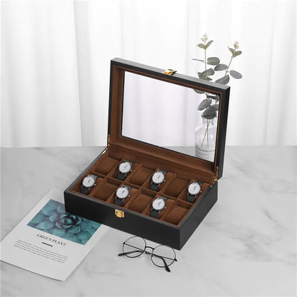Black Matte Spray Finish 12-Slot Wooden Watch Box