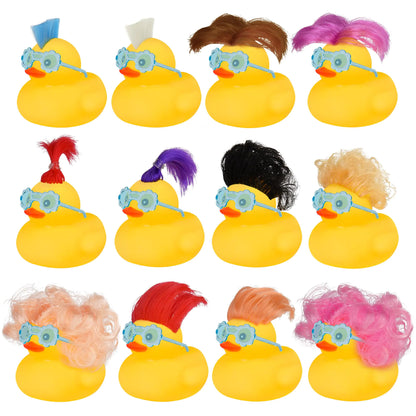 Wig Rubber Ducks Bath Toys 12 PCS Yellow Mini Rubber Duckies Accessories with Blue Flower Sunglasses Cruise Ducks Bathtub Toys Shower Toys for Kids Toddlers Boys Girls