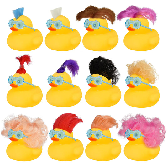 Wig Rubber Ducks Bath Toys 12 PCS Yellow Mini Rubber Duckies Accessories with Blue Flower Sunglasses Cruise Ducks Bathtub Toys Shower Toys for Kids Toddlers Boys Girls